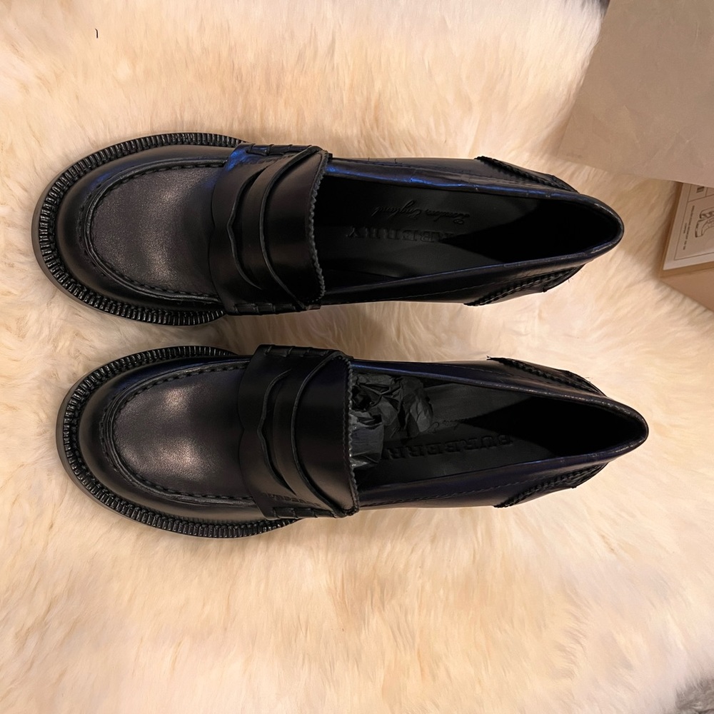 Burberry Women's Leather Block-Heel Penny Loafers - Picture 2 of 10